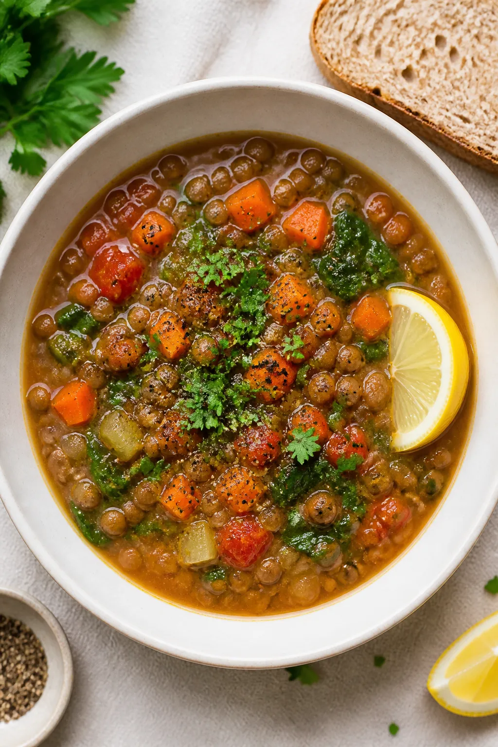 Final dish top view: Overhead shot of a bowl of Healthy Vegan Lentil Soup, beautifully presented in 