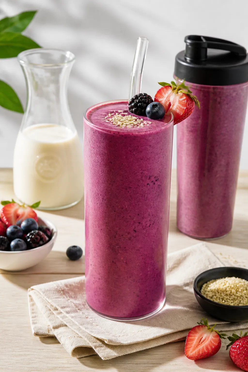 Final drink presentation in a tall, clear glass with a reusable straw; ultra-smooth, velvety berry s