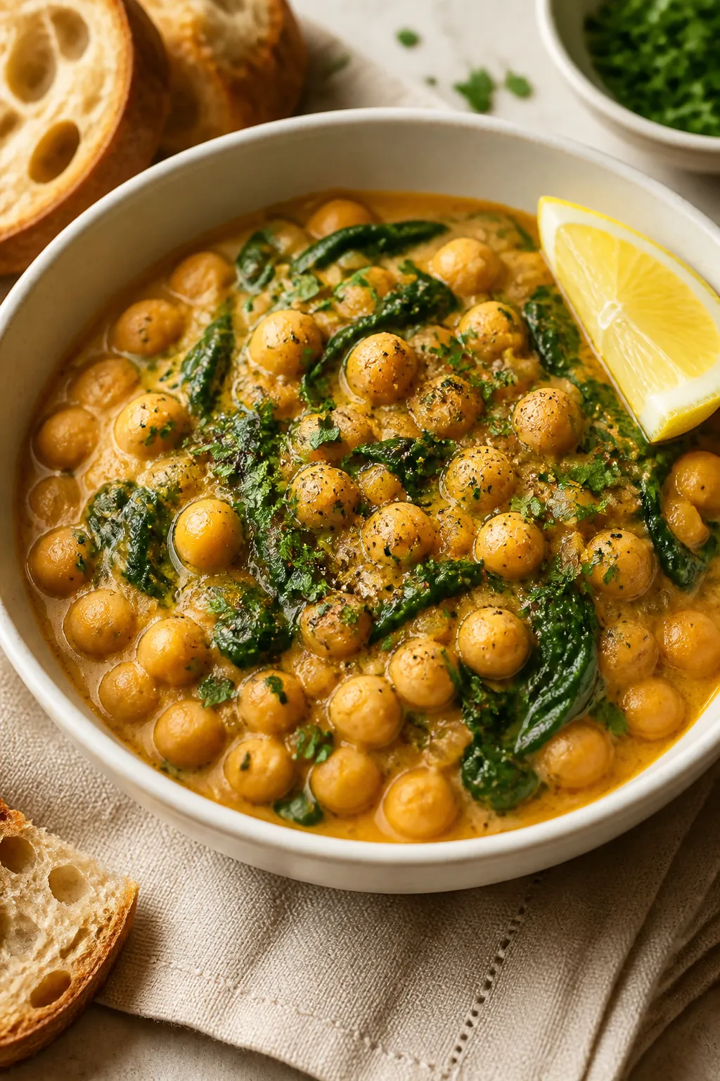 Final plated bowl beauty: A cozy, restaurant-quality bowl of Vegan Chickpea Stew with Spinach, chick