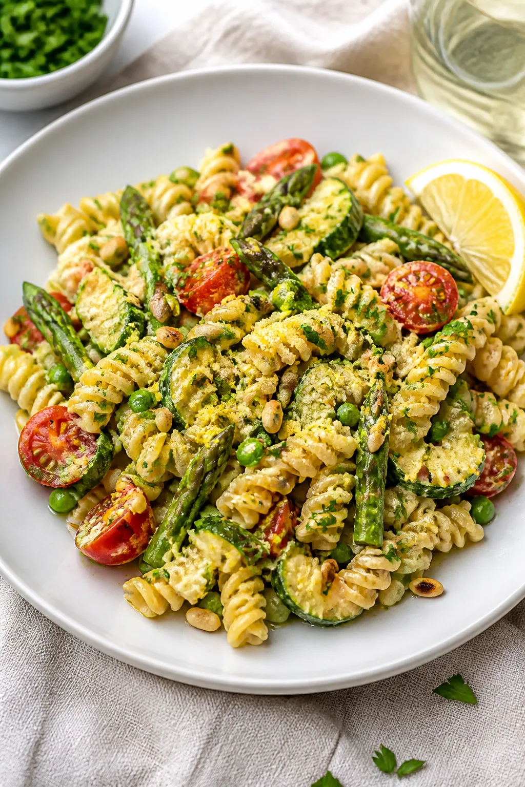 Final plated dish, restaurant-quality: Creamy Vegan Pasta Primavera twirled with al dente fusilli on