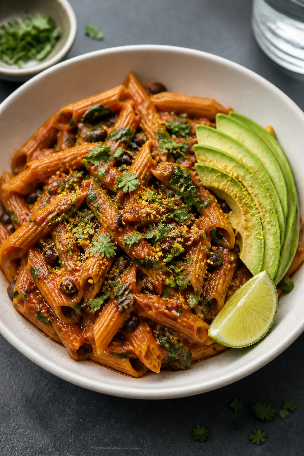 Final plated dish, : Vegan black bean pasta (ridged penne) tossed in a velvety, brick-red sauce, fle