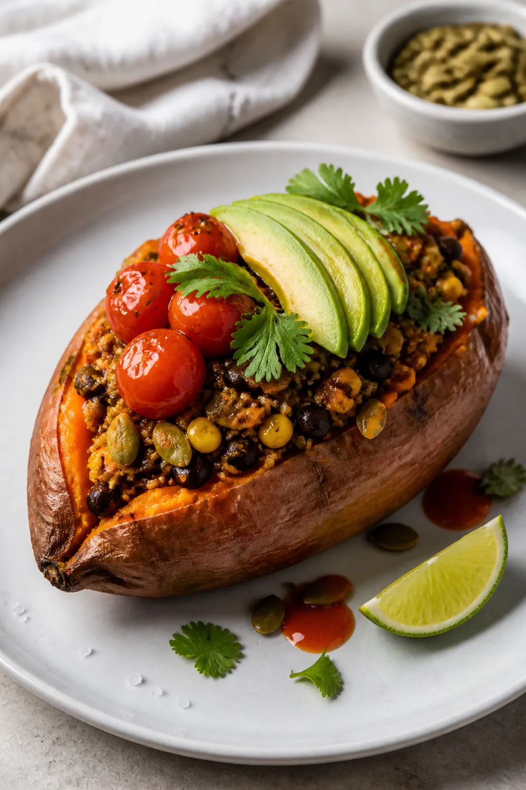 Final plated presentation: Restaurant-quality plating of a single vegan stuffed sweet potato on a ma