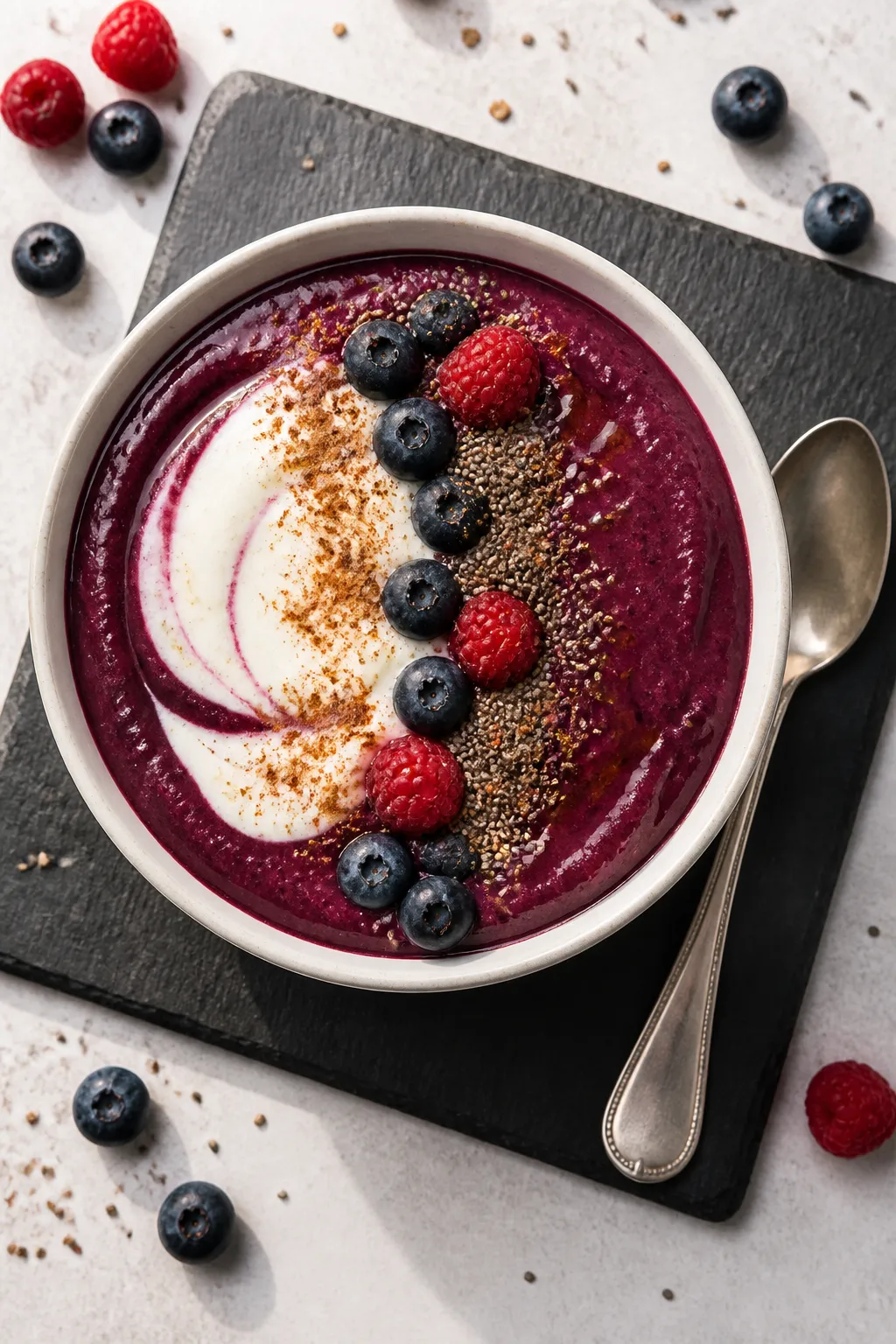 Overhead “tasty top view” of the final smoothie served as a thick, spoonable bowl; rich berry-pu