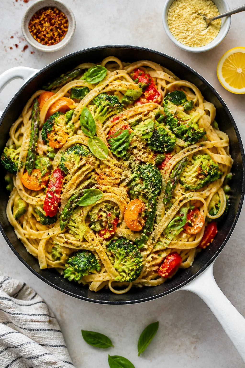 Overhead “tasty top view” serving scene: Top-down shot of Vegan Pasta Primavera in a shallow fam