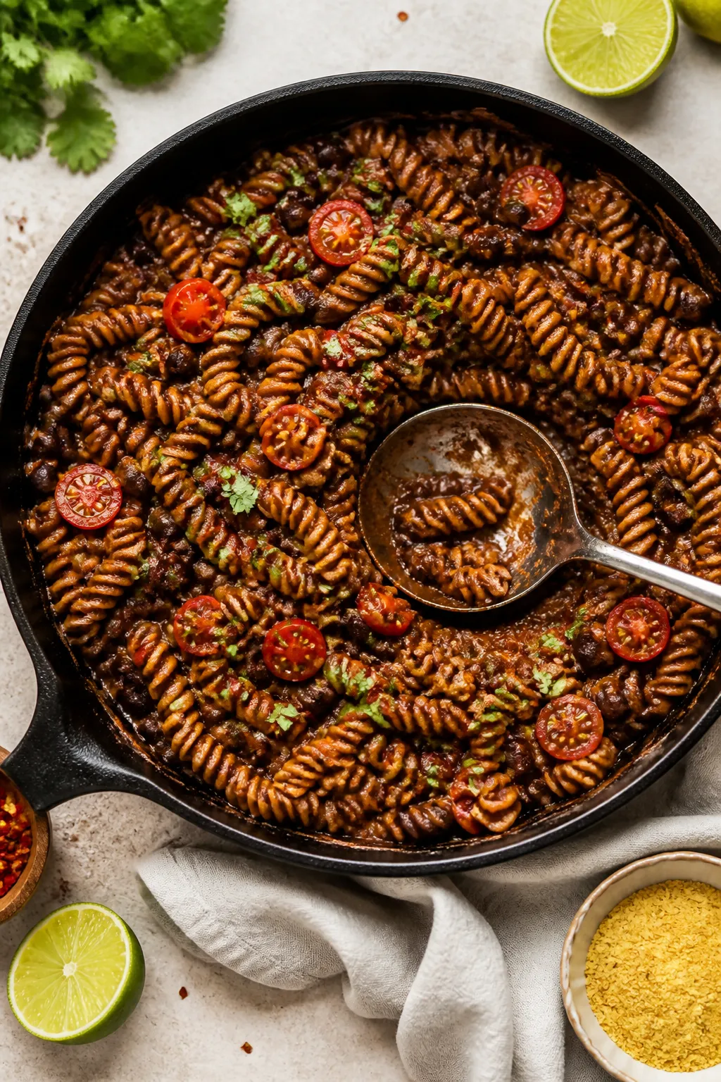 Overhead “tasty top view” serving scene: Top-down shot of a family-style skillet of black bean p