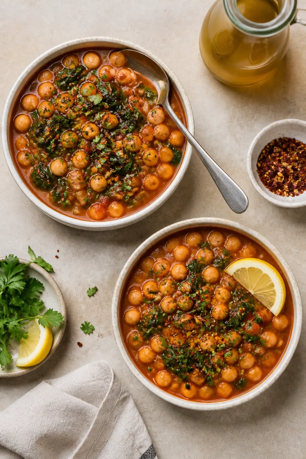 Tasty top-view meal prep/serving scene: Overhead shot of two bowls of the finished chickpea–tomato