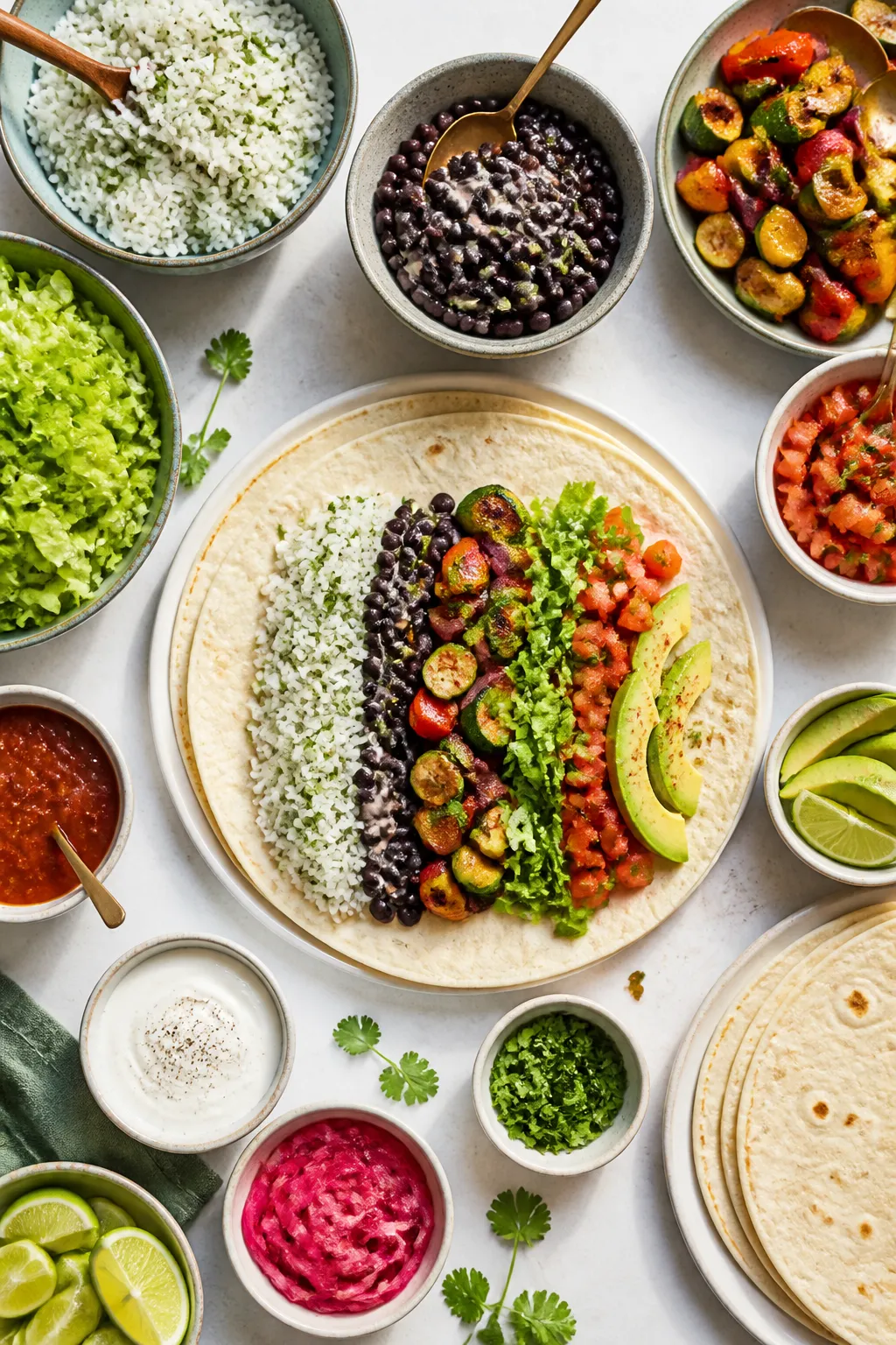 Tasty top view: Overhead shot of a build-your-own vegan burrito bar in mid-assembly—warm flour tor