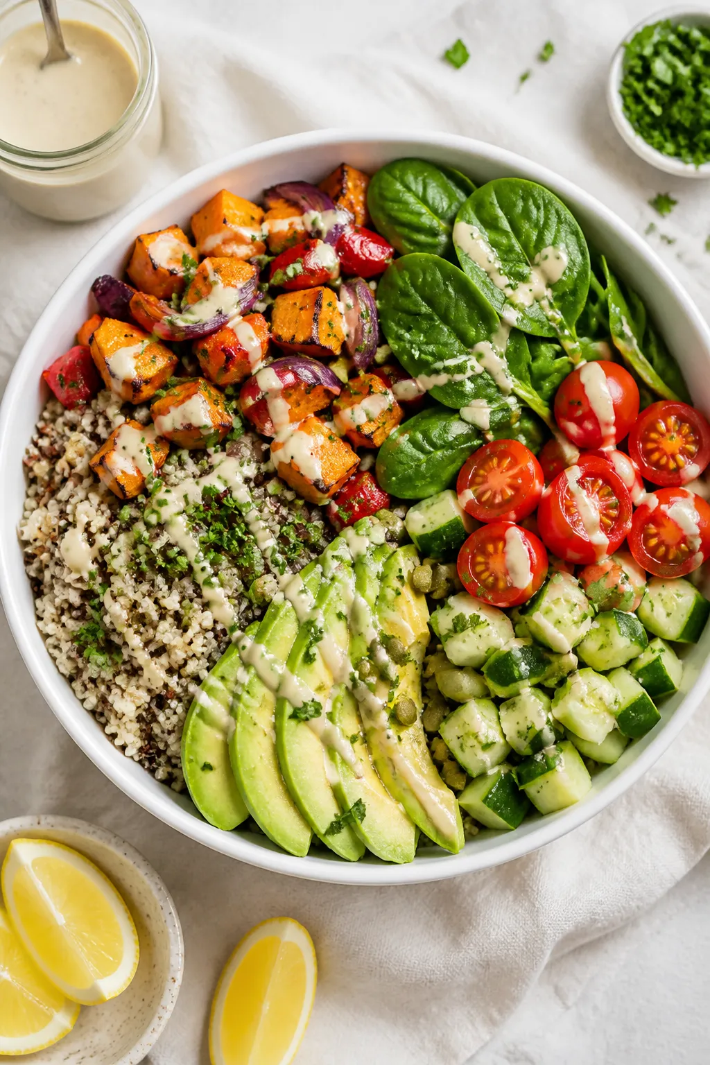 Tasty top view: Overhead shot of a healthy vegan quinoa bowl neatly composed in a wide matte-white b
