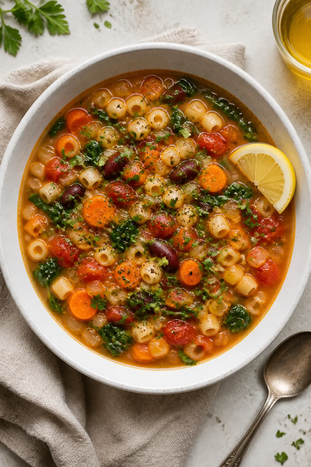 Tasty top view: Overhead shot of a wide, shallow white bowl filled with finished vegan minestrone, b