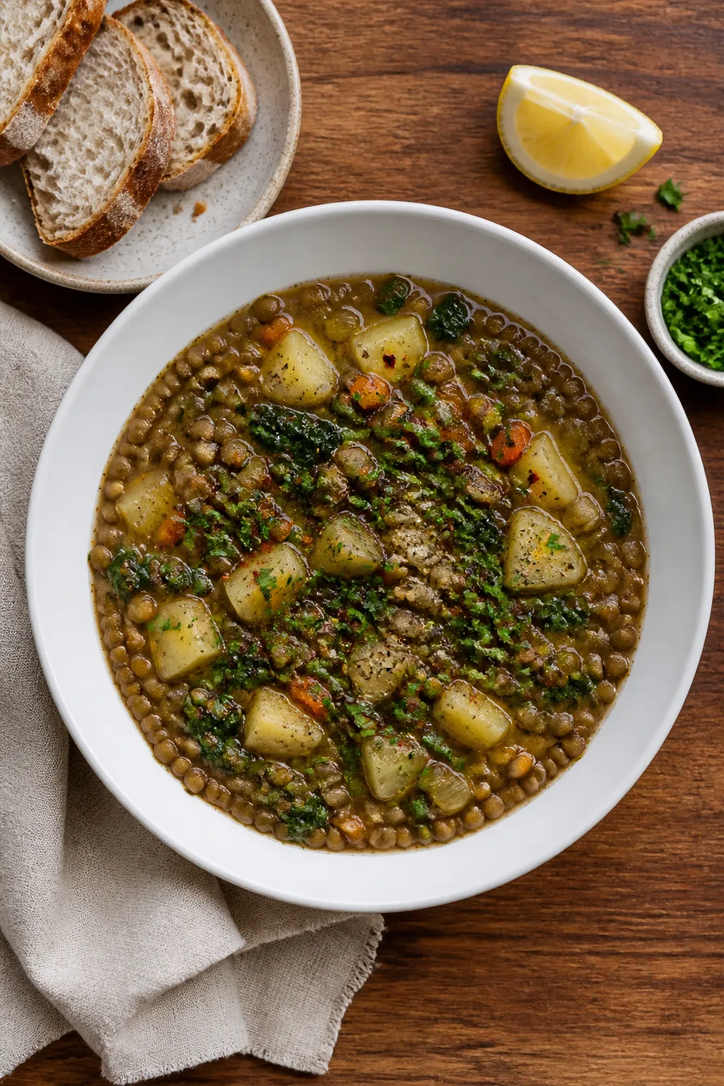 Tasty top view: Overhead shot of finished vegan lentil stew in a wide matte-white bowl, thick and he