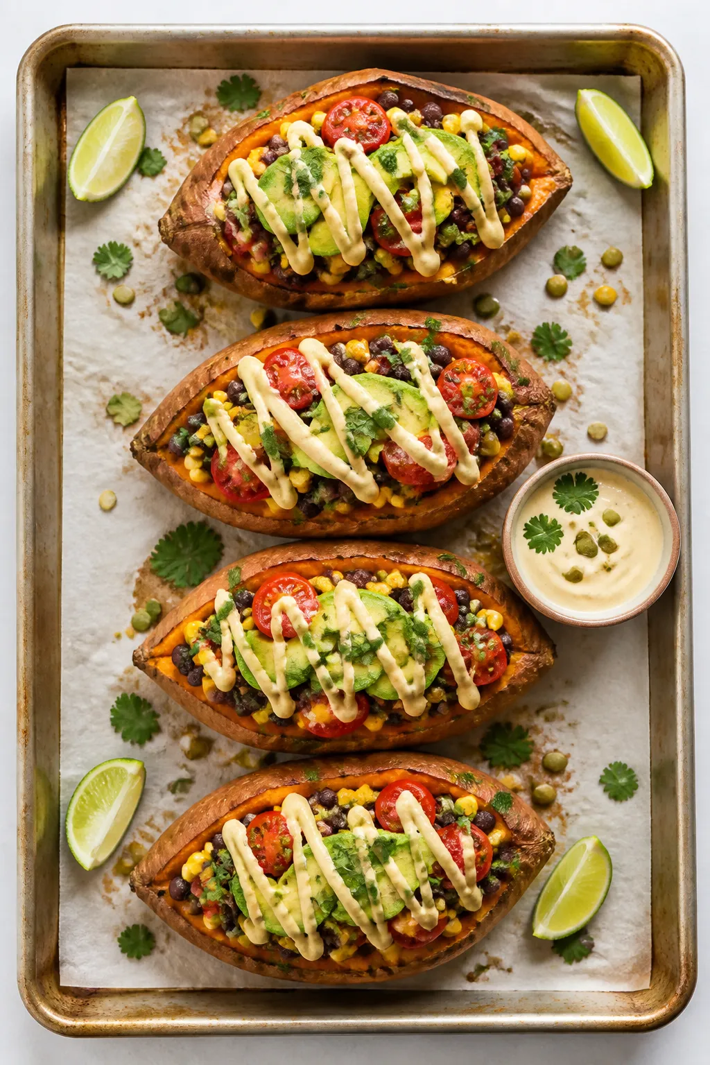 Tasty top view: Overhead shot of four stuffed sweet potatoes arranged on a parchment-lined sheet pan
