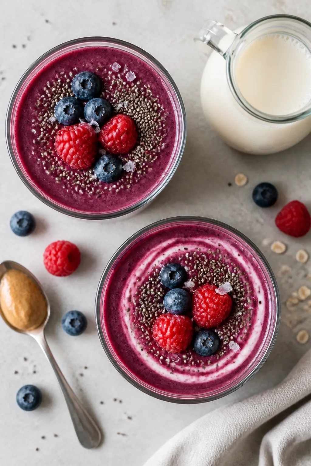 Tasty top view: Overhead shot of the final vegan berry smoothie served in two clear glasses on a lig