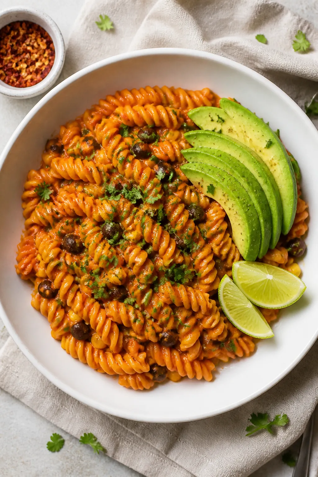 Tasty top view: Overhead shot of vegan black bean pasta (rotini) tossed in the creamy tomato-chile s