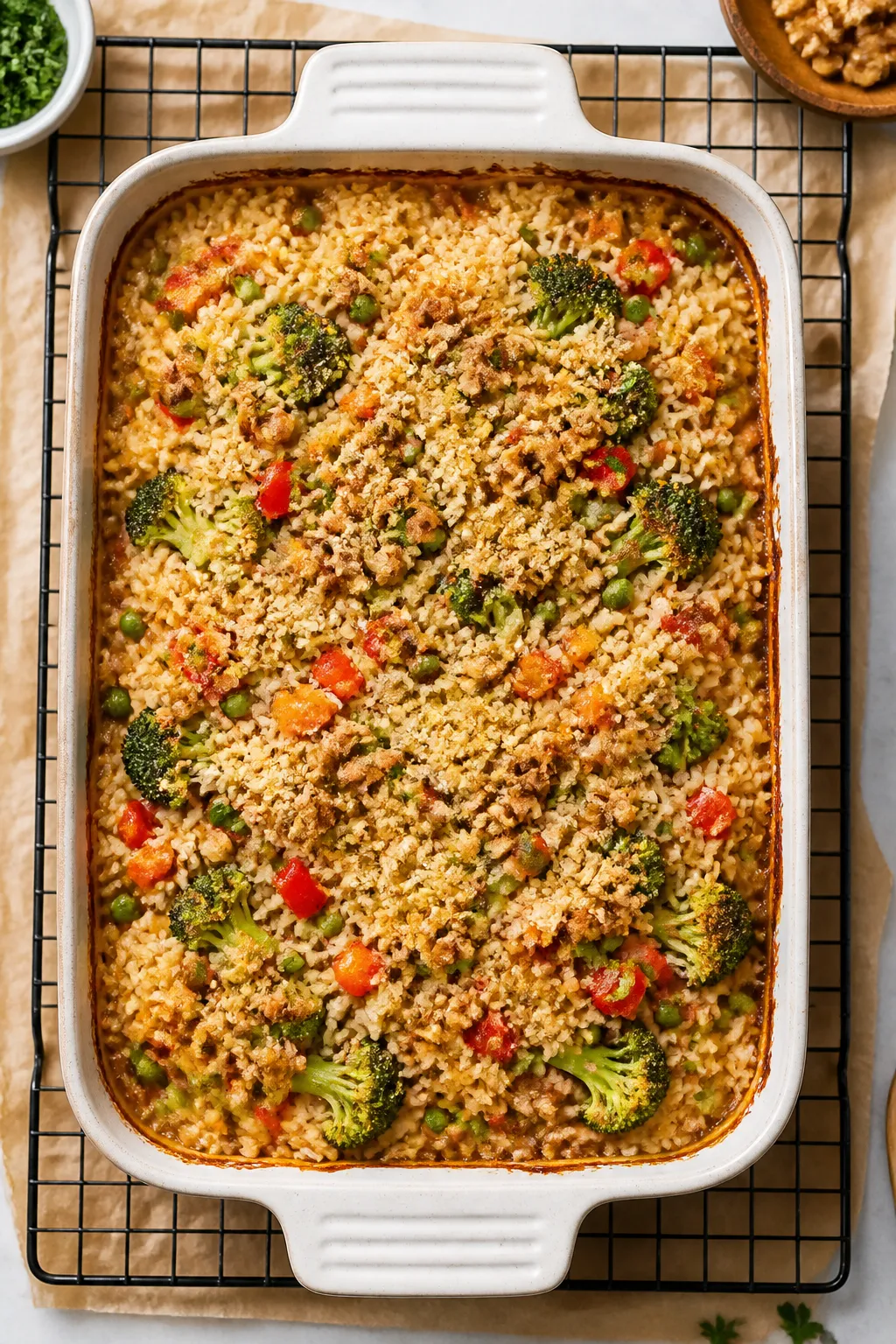 Tasty top view (process): Overhead shot of the casserole after uncovering for the final bake, rice g